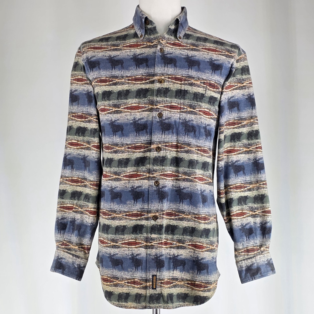 Vintage Woolrich Aztec Moose Print Shirt Men L Blue Brown Outdoors Western 90s